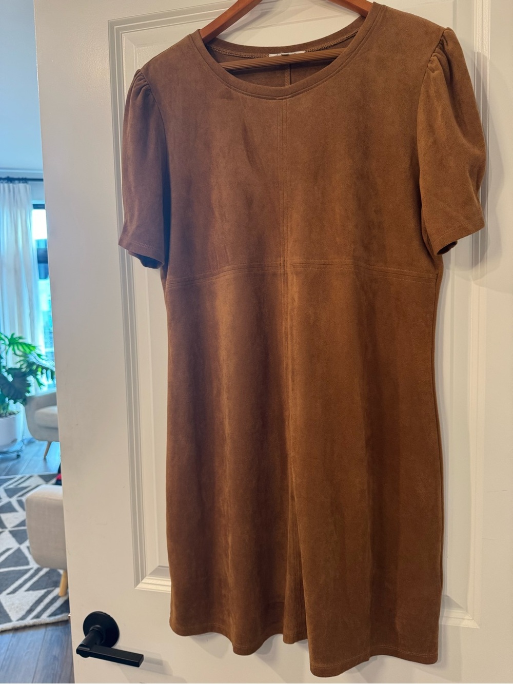 Another Love Brown Faux Suede A-Line Dress with Puff Sleeves
